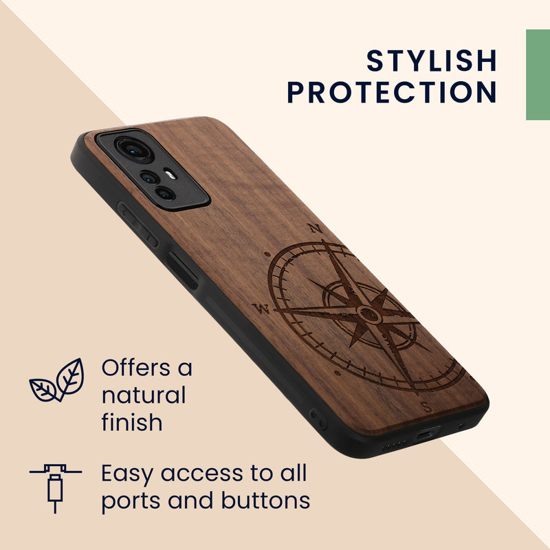 Holz Hardcase mit TPU Bumper für Xiaomi Redmi Note 12S Kompass Vintage