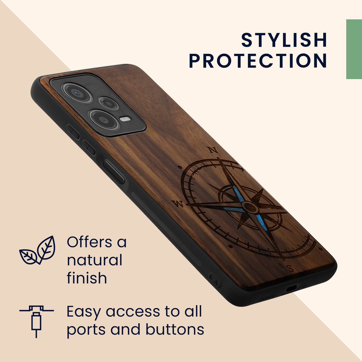 Holz Hardcase mit TPU Bumper für Xiaomi Redmi Note 12 Pro 5G Vintage Kompass mit Perlmutt