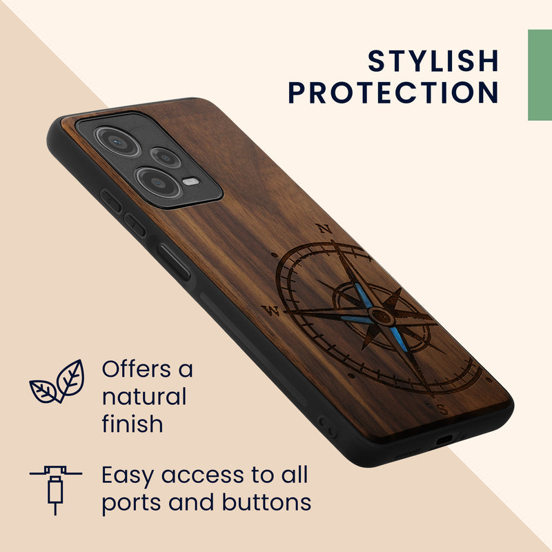 Holz Hardcase mit TPU Bumper für Xiaomi Redmi Note 12 Pro 5G Vintage Kompass mit Perlmutt