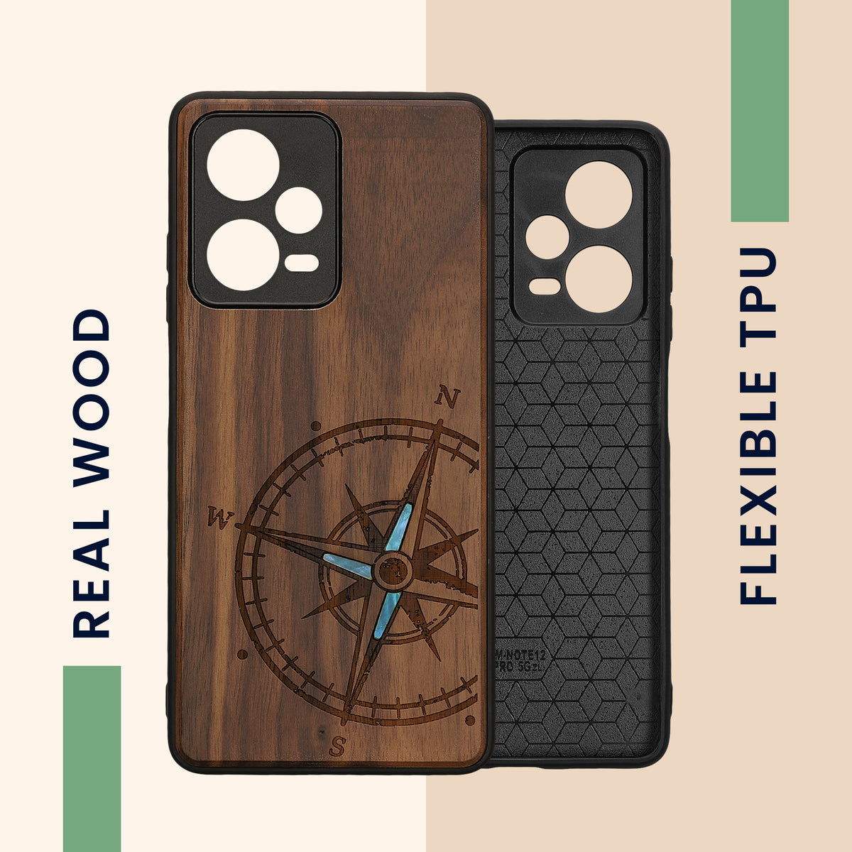 Holz Hardcase mit TPU Bumper für Xiaomi Redmi Note 12 Pro 5G Vintage Kompass mit Perlmutt