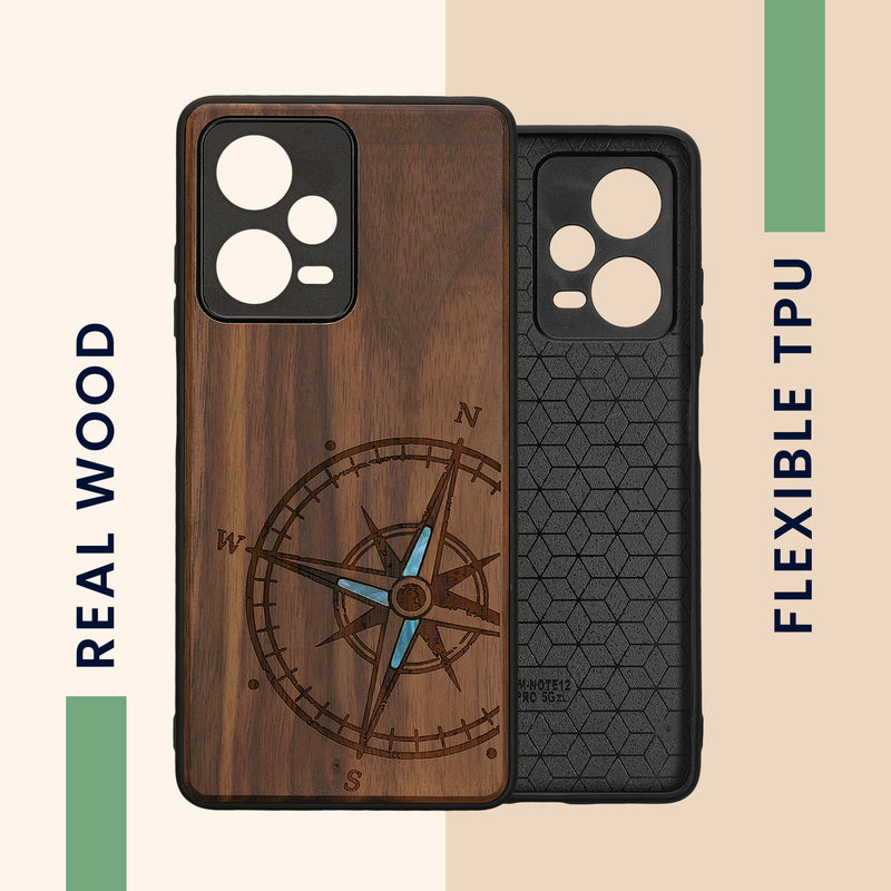 Holz Hardcase mit TPU Bumper für Xiaomi Redmi Note 12 Pro 5G Vintage Kompass mit Perlmutt
