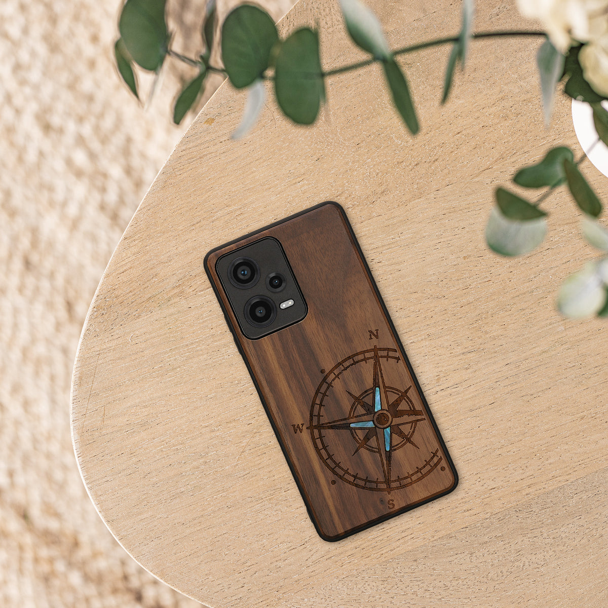Holz Hardcase mit TPU Bumper für Xiaomi Redmi Note 12 Pro 5G Vintage Kompass mit Perlmutt