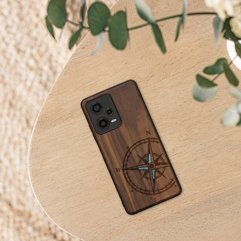 Holz Hardcase mit TPU Bumper für Xiaomi Redmi Note 12 Pro 5G Vintage Kompass mit Perlmutt