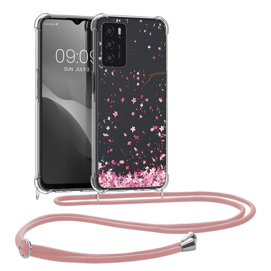 kwmobile Necklace Case kompatibel mit Oppo A16 / A16s / A54s Hülle - Silikon Cover mit Handykette - Rosa Dunkelbraun Transparent Kirschblütenblätter Rosa  [dsg01]
