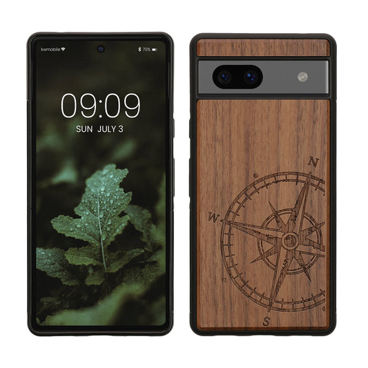 kwmobile Handyhülle für Google Pixel 7a Hülle Holz - Case mit TPU Bumper - Stoßfestes Hardcase - Schutzhülle Cover in Dunkelbraun Dunkelbraun  [dsg02]