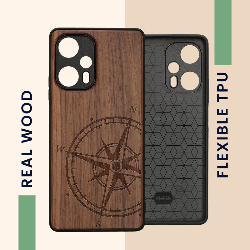 Holz Hardcase mit TPU Bumper für Xiaomi Poco F5 5G Kompass Vintage