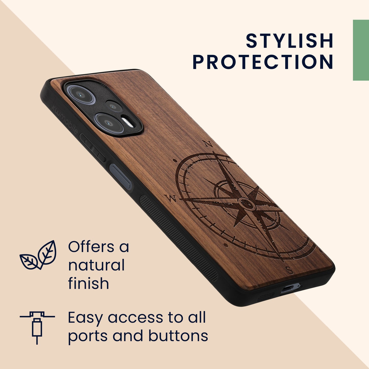 Holz Hardcase mit TPU Bumper für Xiaomi Poco F5 5G Kompass Vintage