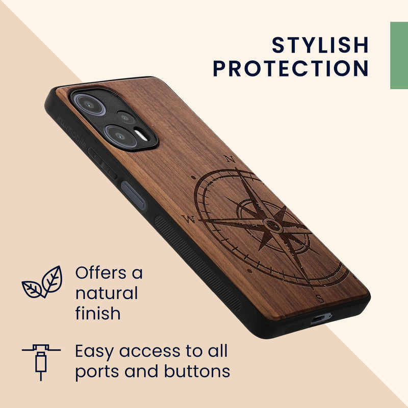 Holz Hardcase mit TPU Bumper für Xiaomi Poco F5 5G Kompass Vintage