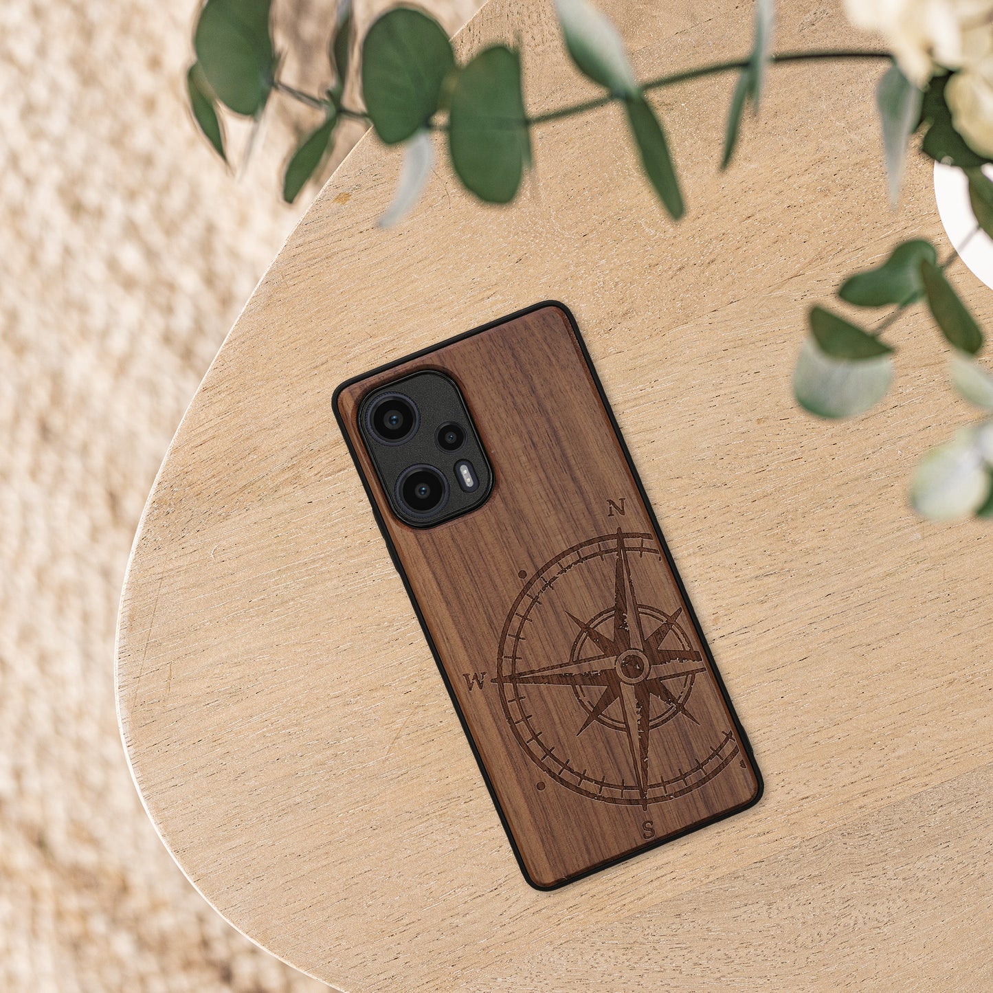 Holz Hardcase mit TPU Bumper für Xiaomi Poco F5 5G Kompass Vintage