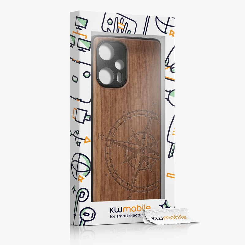 Holz Hardcase mit TPU Bumper für Xiaomi Poco F5 5G Kompass Vintage
