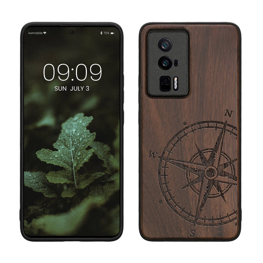 kwmobile Handyhülle für Xiaomi Poco F5 Pro 5G Hülle Holz - Case mit TPU Bumper - Stoßfestes Hardcase - Schutzhülle Cover in Dunkelbraun Dunkelbraun  [dsg01]