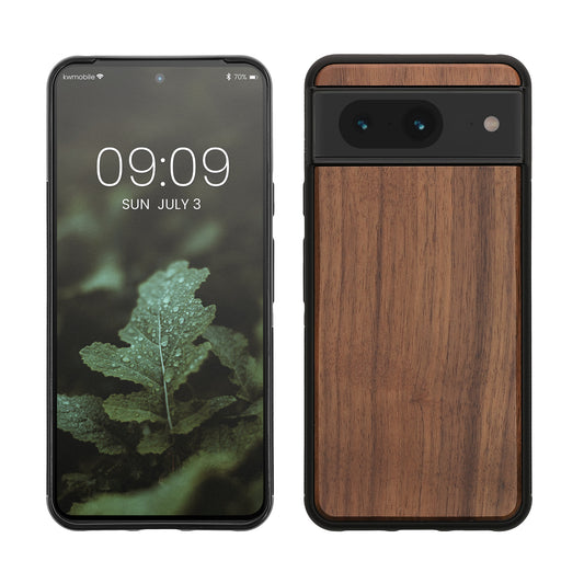 kwmobile Handyhülle für Google Pixel 8 Hülle Holz - Case mit TPU Bumper - Stoßfestes Hardcase - Schutzhülle Cover in Dunkelbraun Dunkelbraun  
