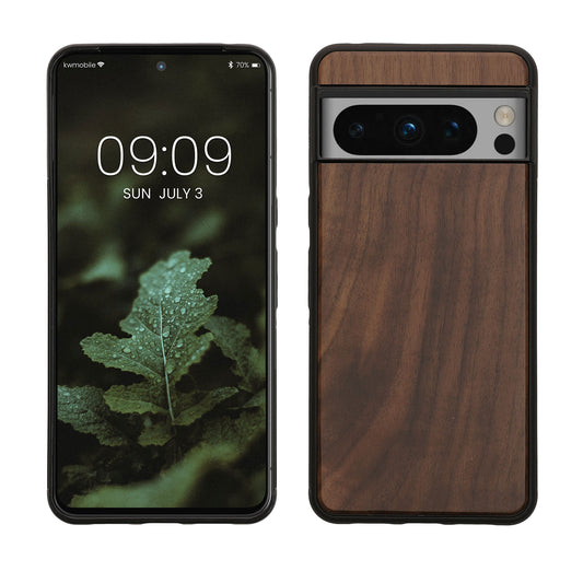 kwmobile Handyhülle für Google Pixel 8 Pro Hülle Holz - Case mit TPU Bumper - Stoßfestes Hardcase - Schutzhülle Cover in Dunkelbraun Dunkelbraun  