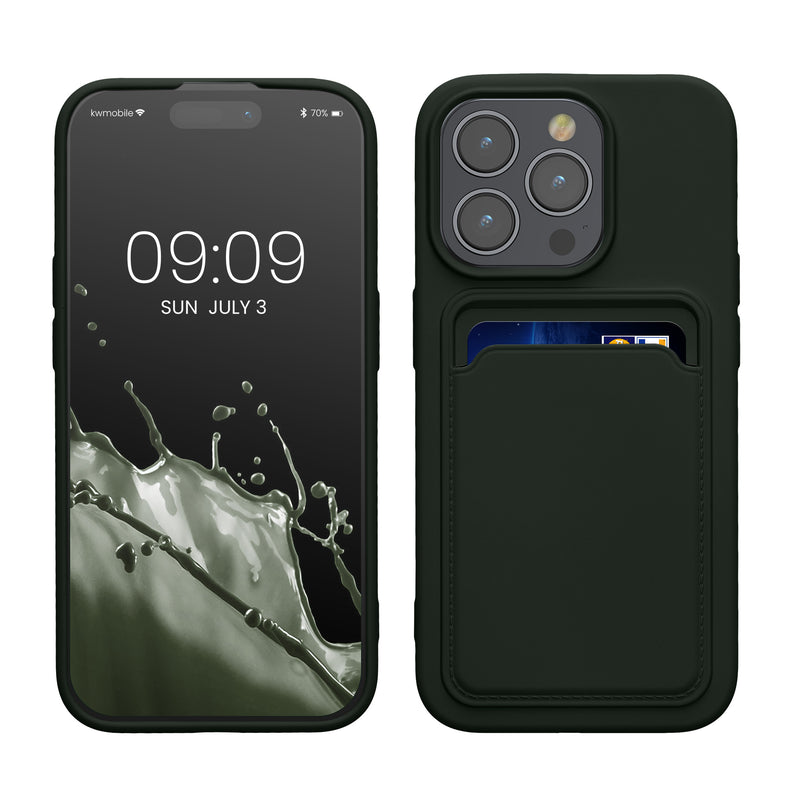 kwmobile Handyhülle für Apple iPhone 15 Pro Hülle mit Kartenfach - TPU Case - Kabelloses Laden - Schutzhülle Cover in Dunkelgrün Dunkelgrün  