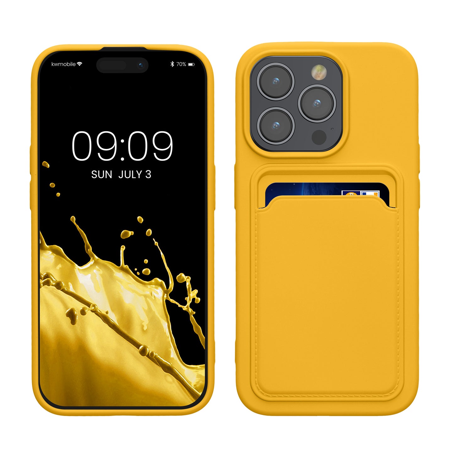 kwmobile Handyhülle für Apple iPhone 15 Pro Hülle mit Kartenfach - TPU Case - Kabelloses Laden - Schutzhülle Cover in Strahlend Gelb Strahlend Gelb  