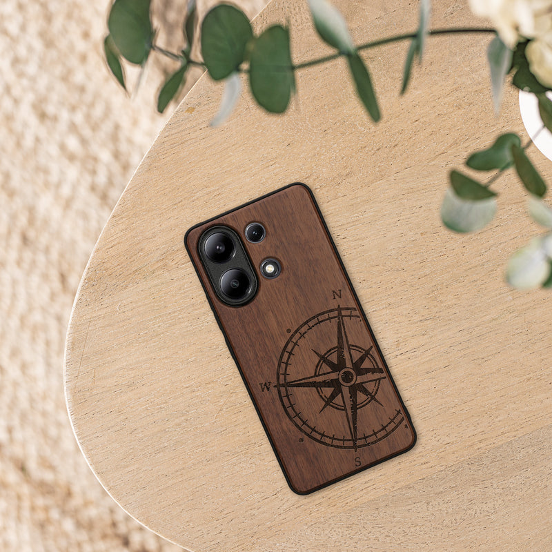 Holz Hardcase mit TPU Bumper für Xiaomi Redmi Note 13 4G Kompass Vintage