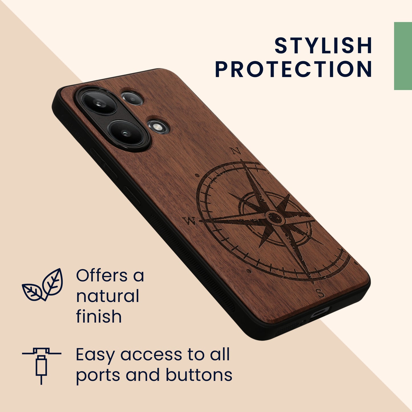 Holz Hardcase mit TPU Bumper für Xiaomi Redmi Note 13 4G Kompass Vintage