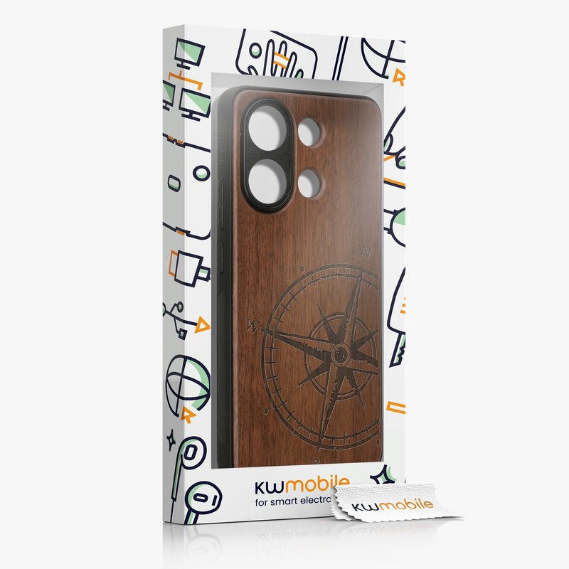 Holz Hardcase mit TPU Bumper für Xiaomi Redmi Note 13 4G Kompass Vintage