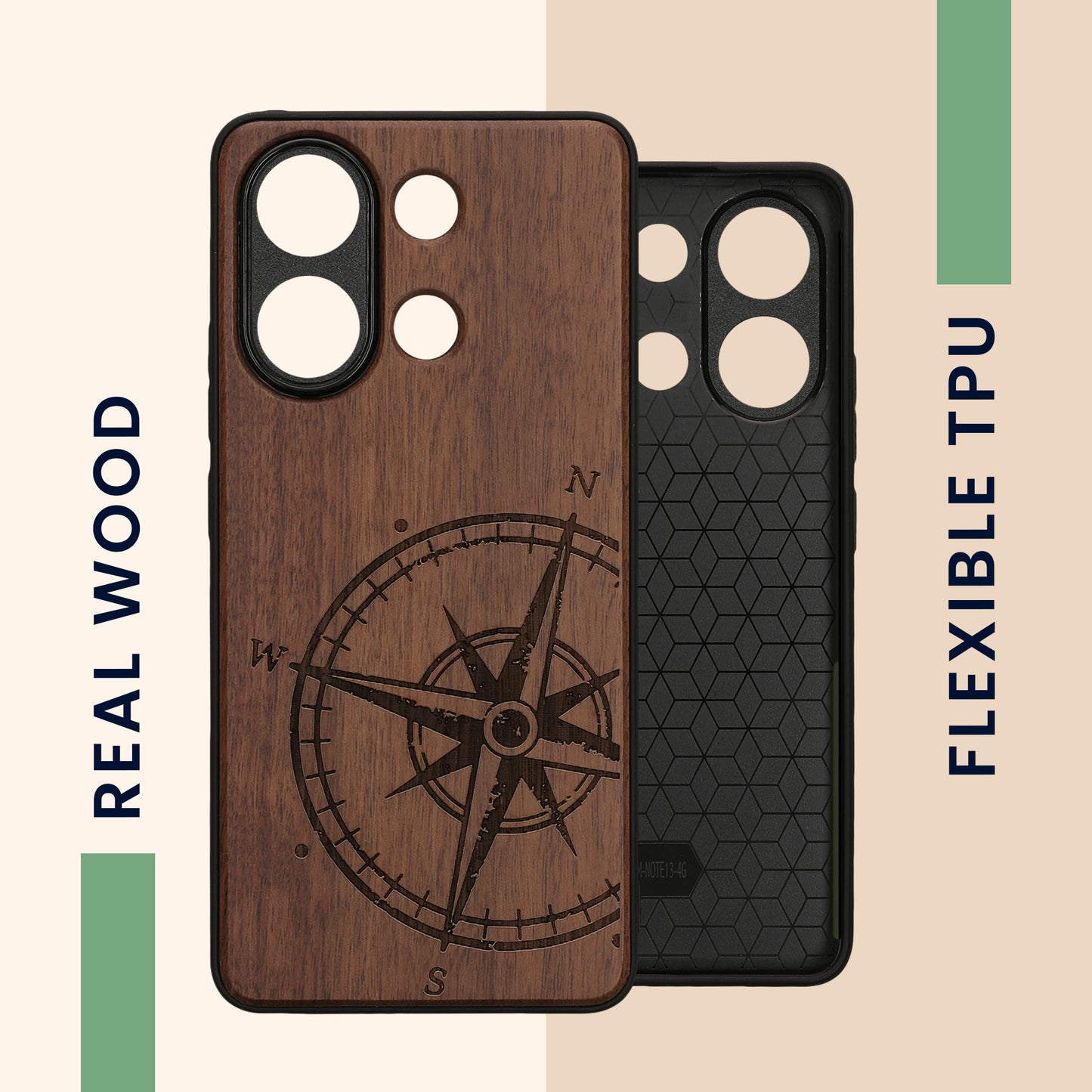 Holz Hardcase mit TPU Bumper für Xiaomi Redmi Note 13 4G Kompass Vintage