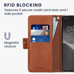 Google Pixel 7a Handyhülle mit Kartenfach RFID Schutz und Handschlaufe Canvas Rosa Braun