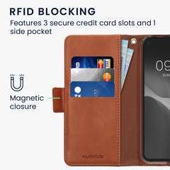 Google Pixel 4a Handyhülle mit Kartenfach RFID Schutz und Handschlaufe Canvas Rosa Braun