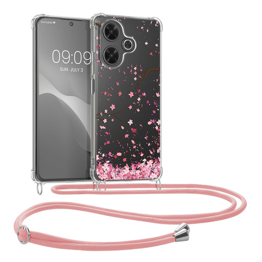 kwmobile Necklace Case kompatibel mit Xiaomi Redmi 13 Hülle - Silikon Cover mit Handykette - Rosa Dunkelbraun Transparent Kirschblütenblätter Rosa  [dsg01]