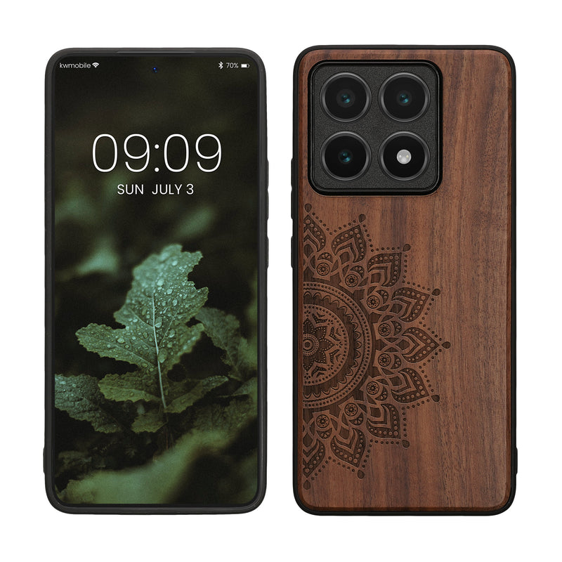 kwmobile Handyhülle für Xiaomi 14T Hülle Holz - Case mit TPU Bumper - Stoßfestes Hardcase - Schutzhülle Cover in Dunkelbraun Dunkelbraun  [dsg02]
