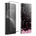 kwmobile Hülle kompatibel mit Xiaomi Redmi Note 14 Pro 4G Handyhülle - Silikon Case transparent - Mit Glas Schutzfolie - Kirschblütenblätter Rosa Dunkelbraun Transparent Rosa  [dsg01]