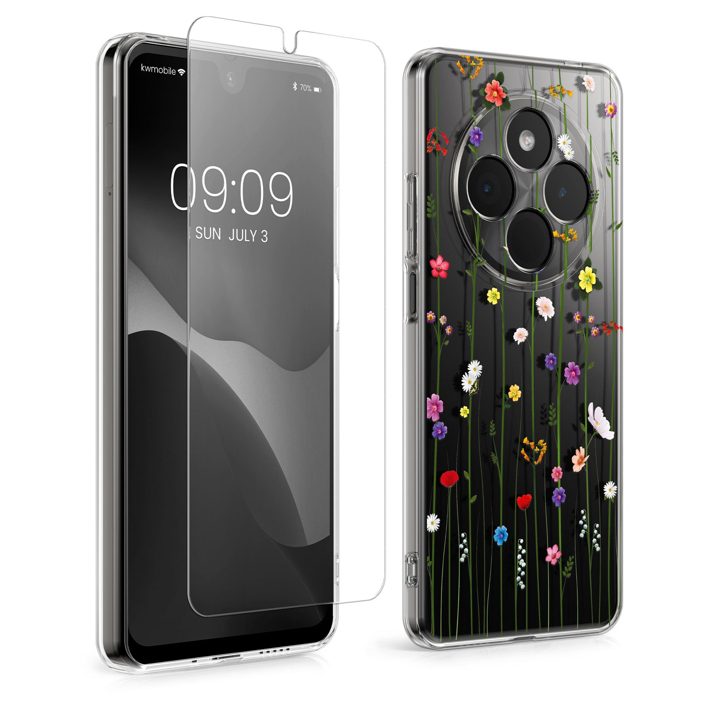 Xiaomi Redmi 14C / Poco C75 transparente Handyhülle mit Glas Displayschutz Wildblumen