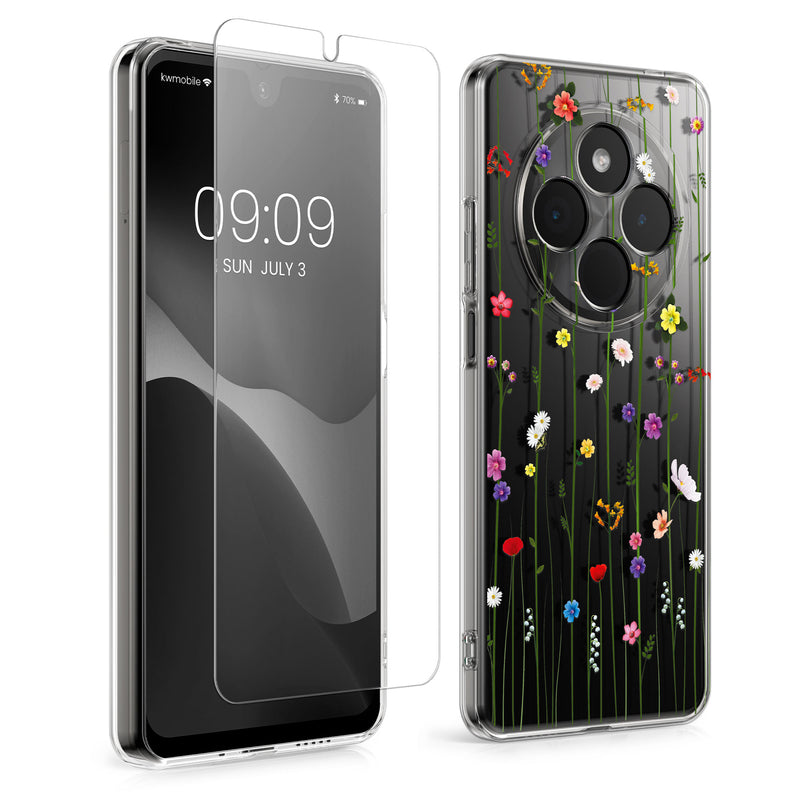 Xiaomi Redmi 14C / Poco C75 transparente Handyhülle mit Glas Displayschutz Wildblumen