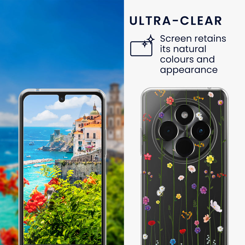 Xiaomi Redmi 14C / Poco C75 transparente Handyhülle mit Glas Displayschutz Wildblumen