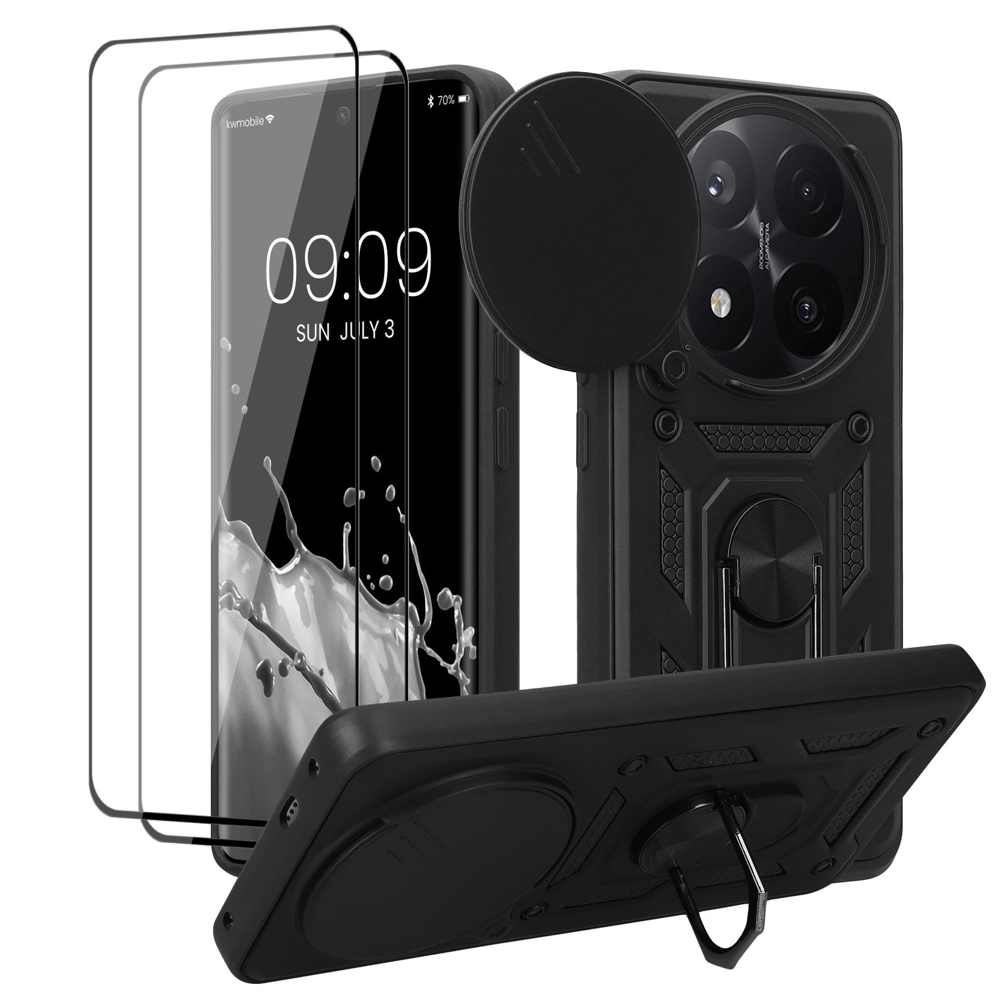 kwmobile Hülle für Xiaomi Redmi Note 14 Pro+ 5G / Redmi Note 14 Pro Plus 5G Case - Handyhülle mit 2 Schutzfolien - Kameraabdeckung und Ringhalter - Robustes Cover