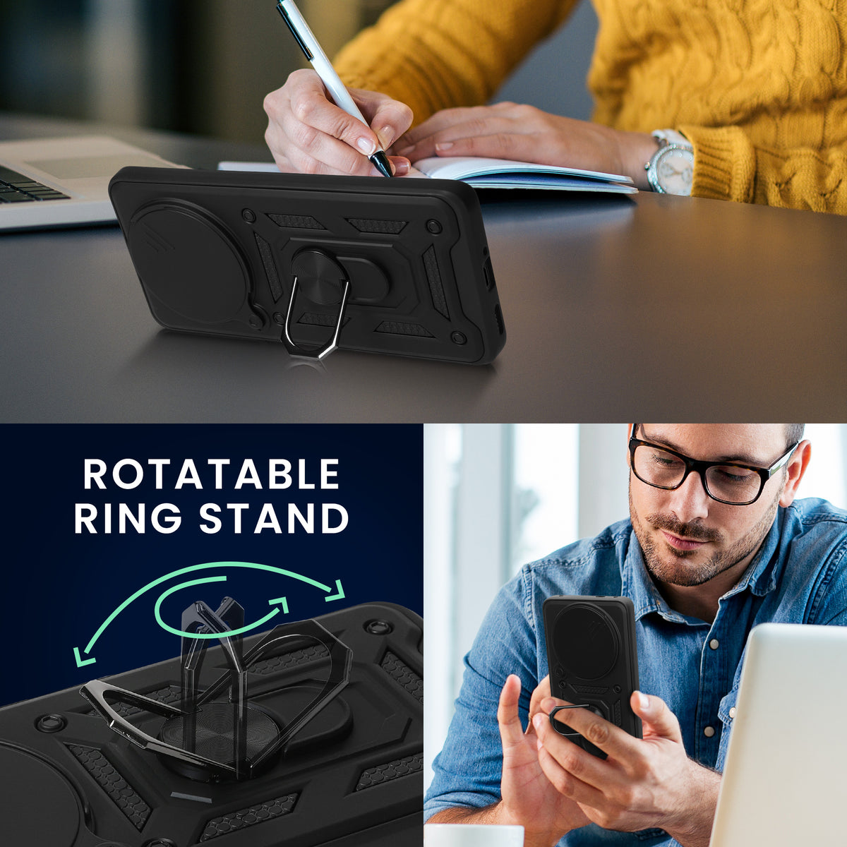 kwmobile Hülle für Xiaomi Redmi Note 14 Pro+ 5G / Redmi Note 14 Pro Plus 5G Case - Handyhülle mit 2 Schutzfolien - Kameraabdeckung und Ringhalter - Robustes Cover