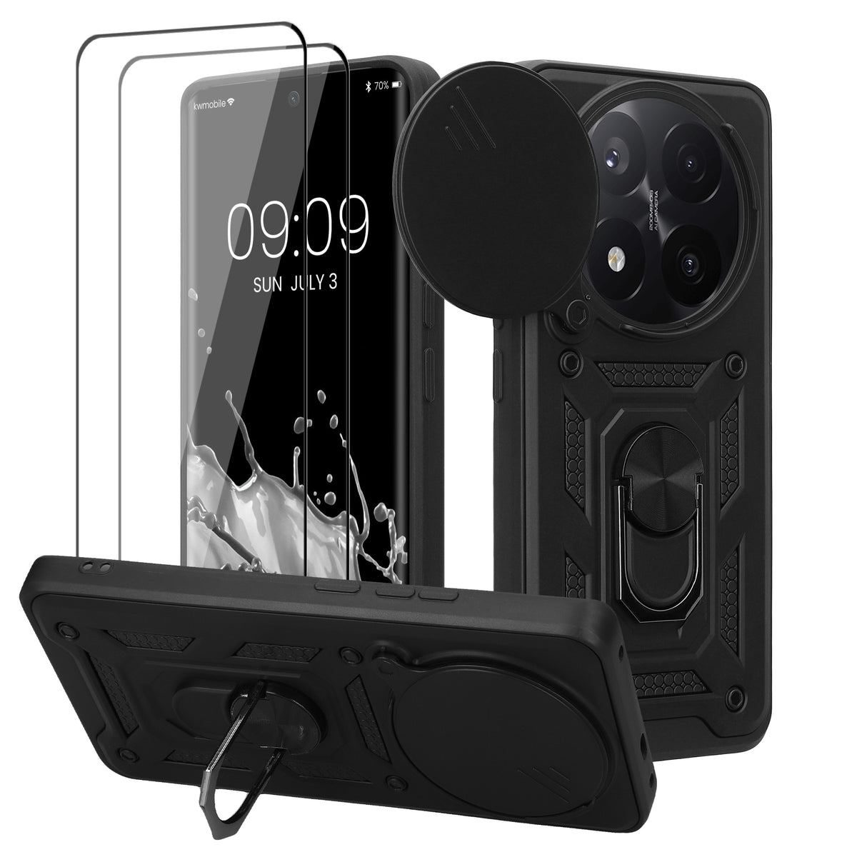 kwmobile Hülle für Xiaomi Redmi Note 14 Pro+ 5G / Redmi Note 14 Pro Plus 5G Case - Handyhülle mit 2 Schutzfolien - Kameraabdeckung und Ringhalter - Robustes Cover