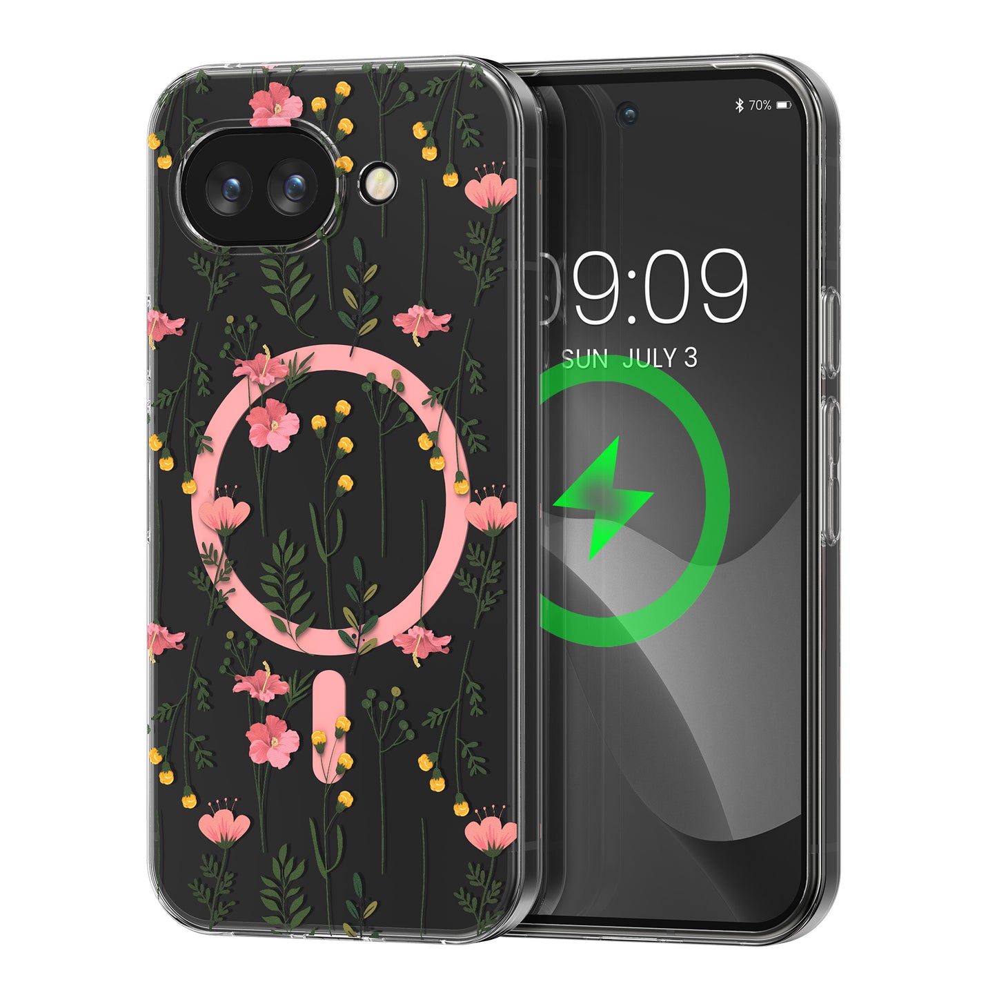 kwmobile kristallklares Hardcase kompatibel mit Google Pixel 10a Hülle - kompatibel mit MagSafe - Acryl-Hülle mit TPU Case - Zarte Wildblumen Rosa  [dsg02]