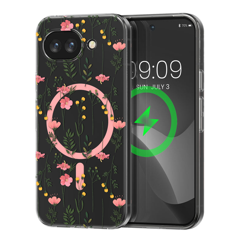 kwmobile kristallklares Hardcase kompatibel mit Google Pixel 10a Hülle - kompatibel mit MagSafe - Acryl-Hülle mit TPU Case - Zarte Wildblumen Rosa  [dsg02]