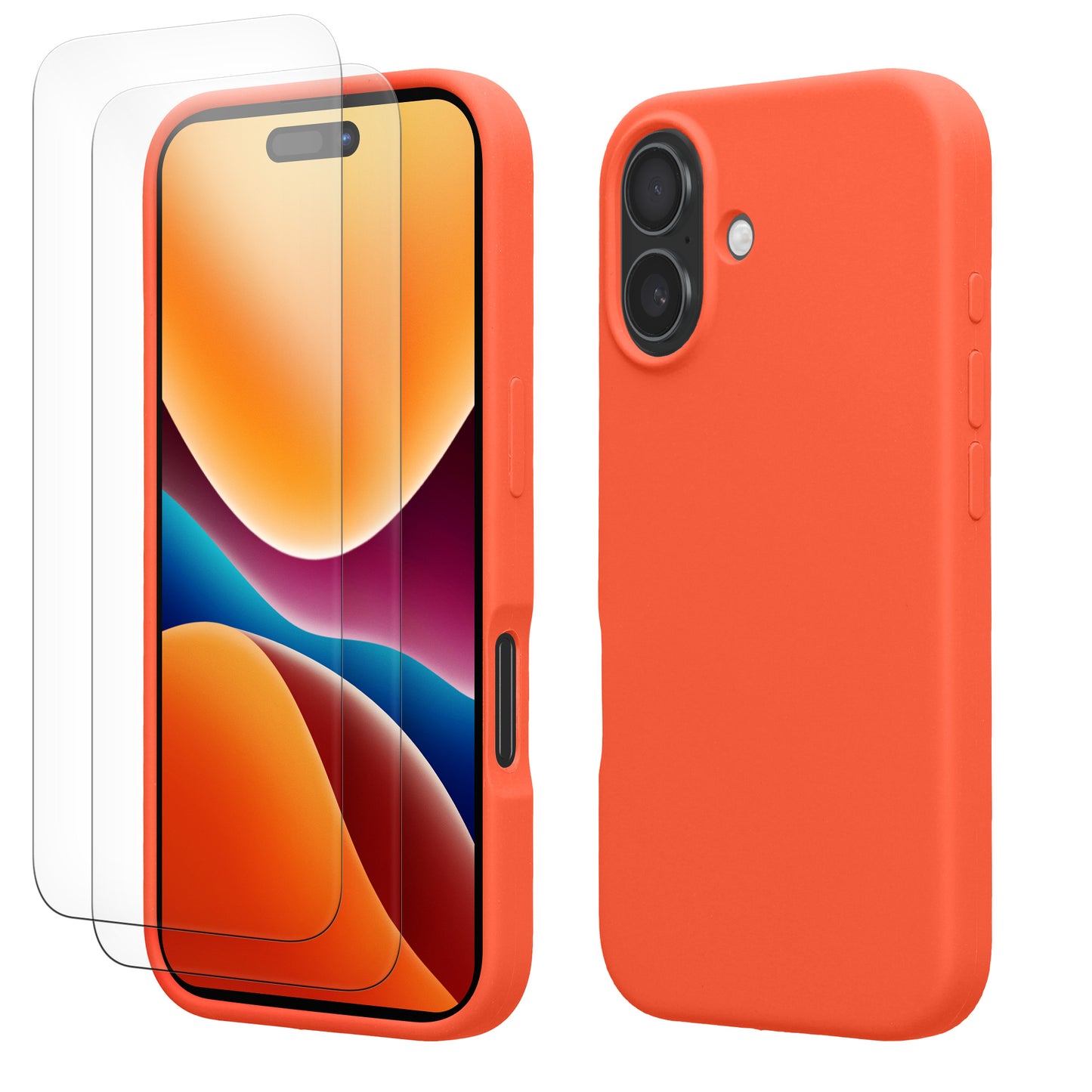 kwmobile Handyhülle mit 2x Displayschutzfolien kompatibel mit Apple iPhone 16 Hülle - Screen Protector aus gehärtetem Glas - kabelloses Laden - Leuchtende Koralle Leuchtende Koralle
