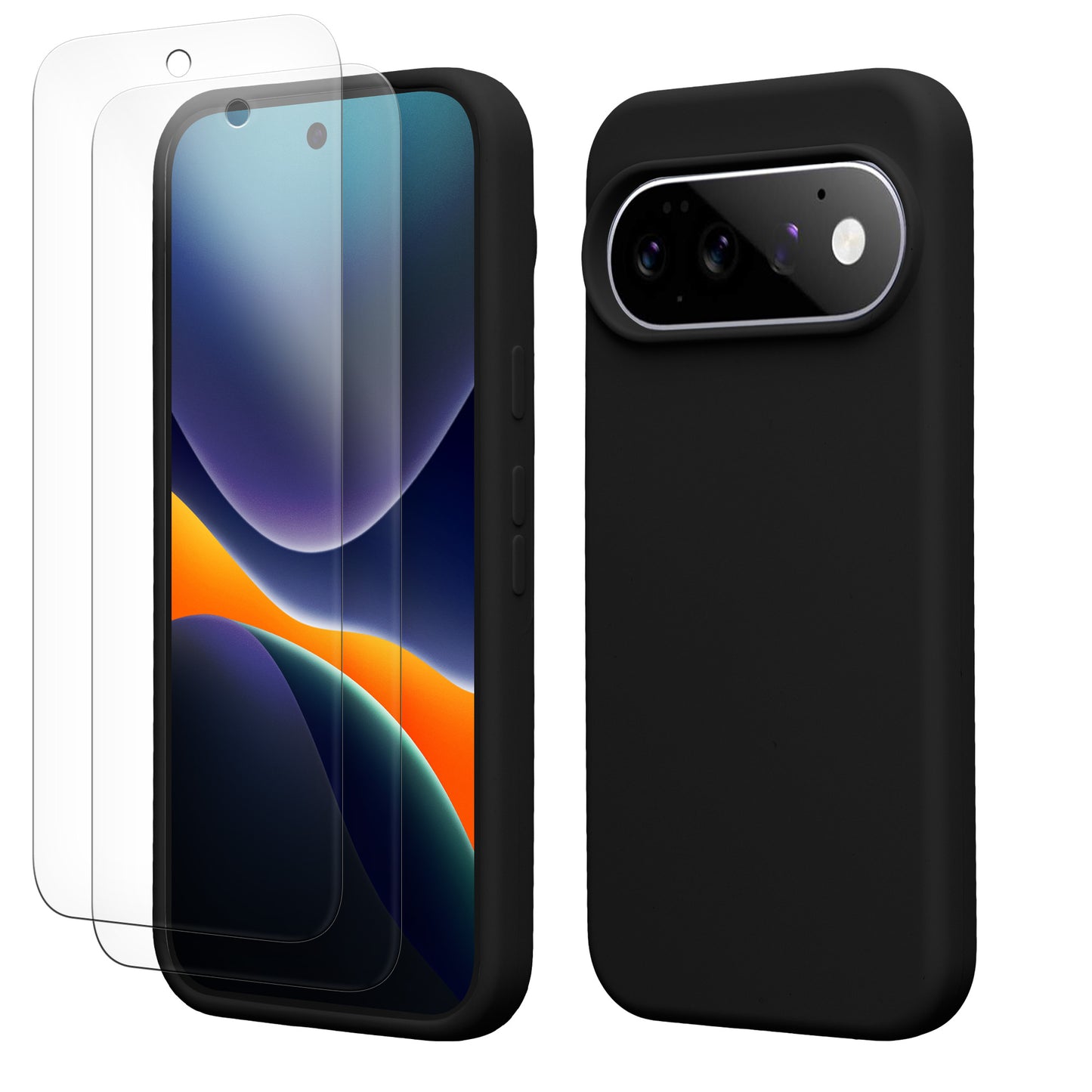 kwmobile Handyhülle mit 2x Displayschutzfolien kompatibel mit Google Pixel 11 / Pixel 11 Pro Hülle - Screen Protector aus gehärtetem Glas - kabelloses Laden - Schwarz Schwarz
