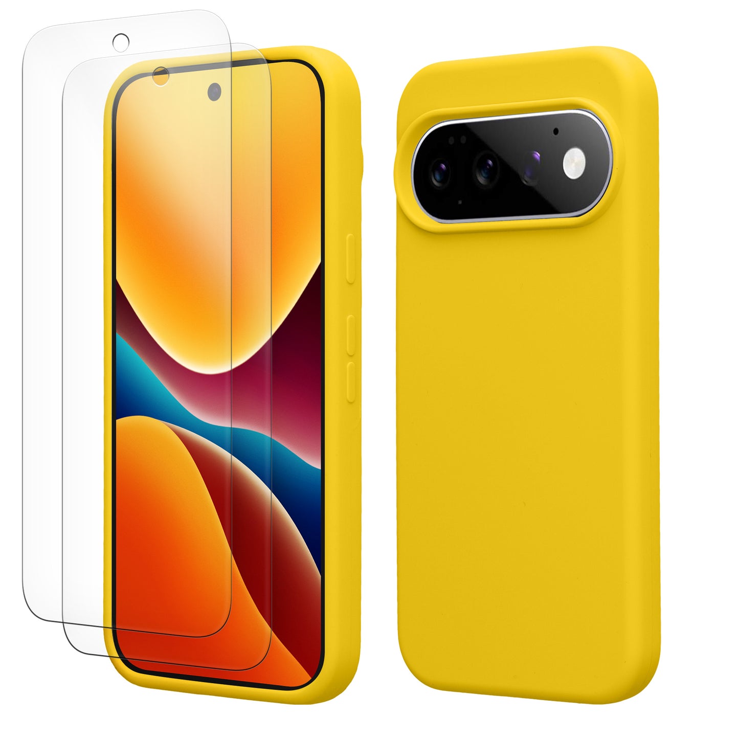 kwmobile Handyhülle mit 2x Displayschutzfolien kompatibel mit Google Pixel 11 / Pixel 11 Pro Hülle - Screen Protector aus gehärtetem Glas - kabelloses Laden - Strahlend Gelb Strahlend Gelb