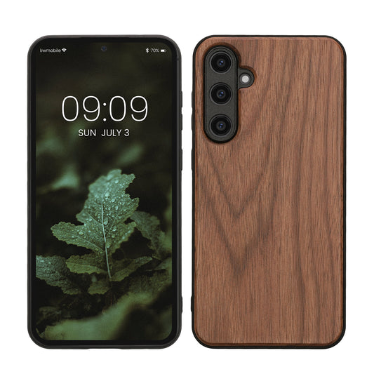 kwmobile Handyhülle für Samsung Galaxy S23 FE Hülle Holz - Case mit TPU Bumper - Stoßfestes Hardcase - Schutzhülle Cover in Dunkelbraun Dunkelbraun  