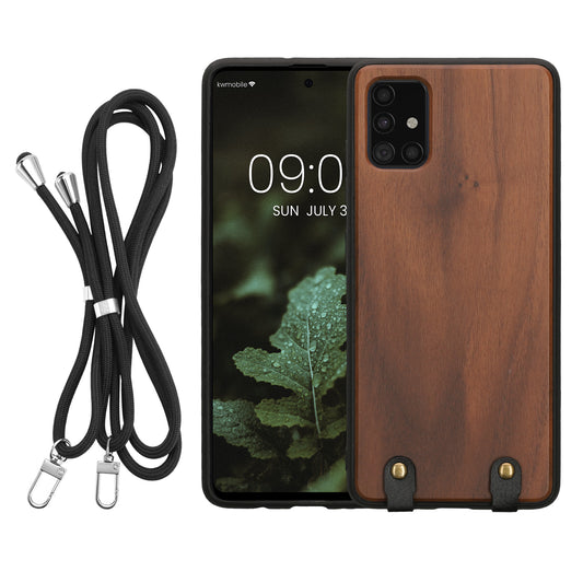 kwmobile Necklace Case kompatibel mit Samsung Galaxy A51 Hülle - Holz TPU Cover mit Handykette - Band Handyhülle Dunkelbraun Dunkelbraun  