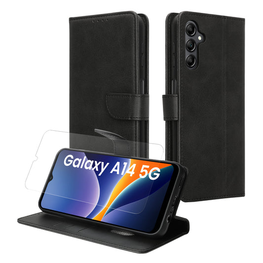 kwmobile Kunstleder Handyhülle kompatibel mit Samsung Galaxy A14 5G Hülle - Brieftaschen Schutzhülle aus PU-Leder mit Displayschutz und RFID-Schutz - Schwarz Schwarz  