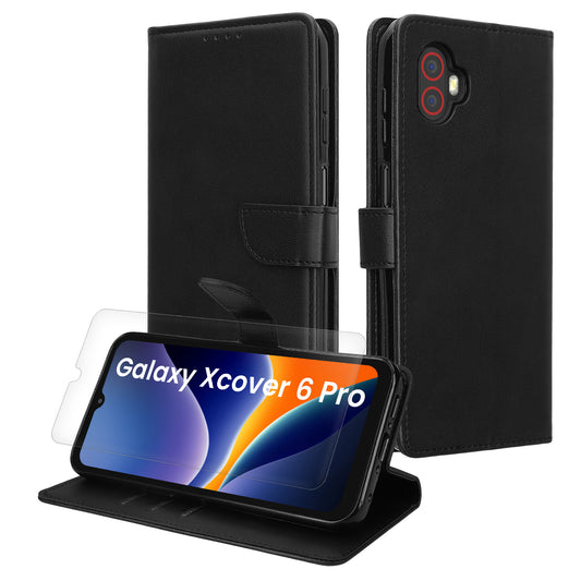 kwmobile Kunstleder Handyhülle kompatibel mit Samsung Galaxy Xcover6 Pro Hülle - Brieftaschen Schutzhülle aus PU-Leder mit Displayschutz und RFID-Schutz - Schwarz Schwarz  