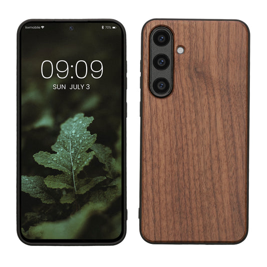 kwmobile Handyhülle für Samsung Galaxy S24 FE Hülle Holz - Case mit TPU Bumper - Stoßfestes Hardcase - Schutzhülle Cover in Dunkelbraun Dunkelbraun  