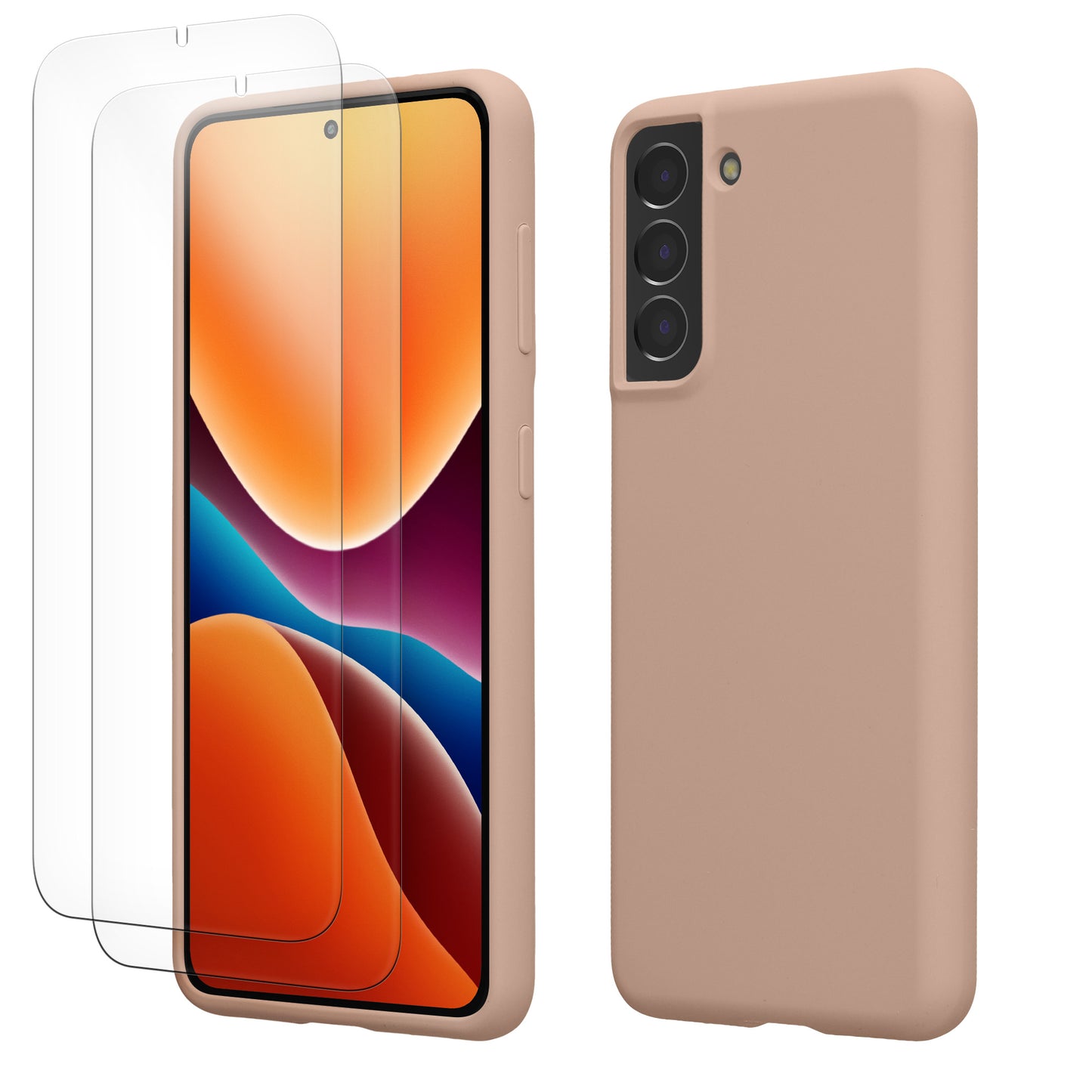 kwmobile Handyhülle mit 2x Displayschutzfolien kompatibel mit Samsung Galaxy S21 Hülle - Screen Protector aus gehärtetem Glas - kabelloses Laden - Altrosa matt Altrosa matt