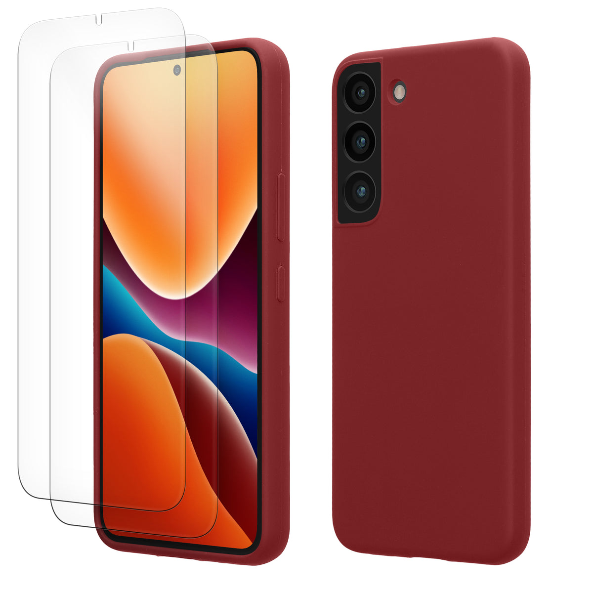 kwmobile Handyhülle mit 2x Displayschutzfolien kompatibel mit Samsung Galaxy S22 Hülle - Screen Protector aus gehärtetem Glas - kabelloses Laden - Bordeaux Violett Bordeaux Violett