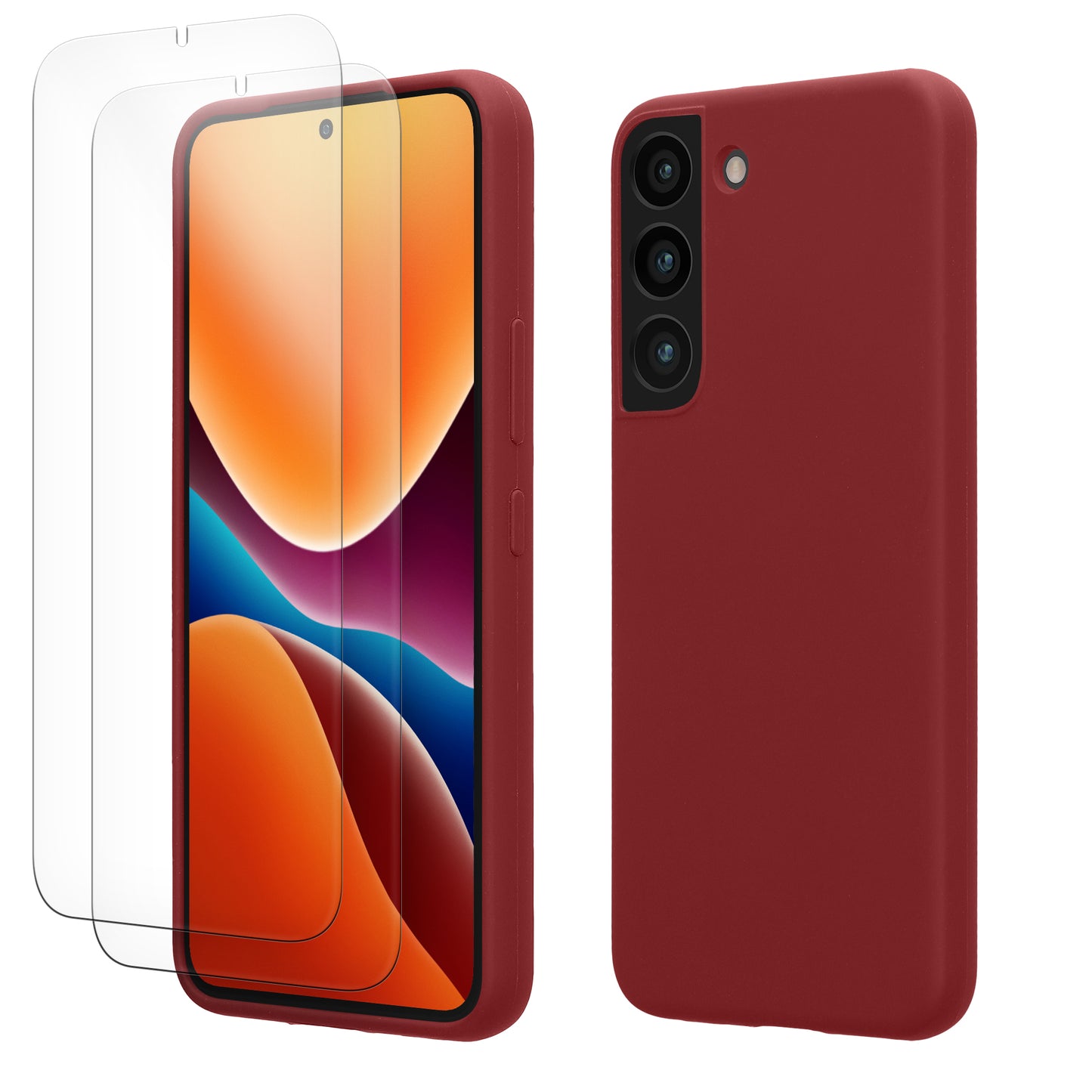 kwmobile Handyhülle mit 2x Displayschutzfolien kompatibel mit Samsung Galaxy S22 Hülle - Screen Protector aus gehärtetem Glas - kabelloses Laden - Bordeaux Violett Bordeaux Violett