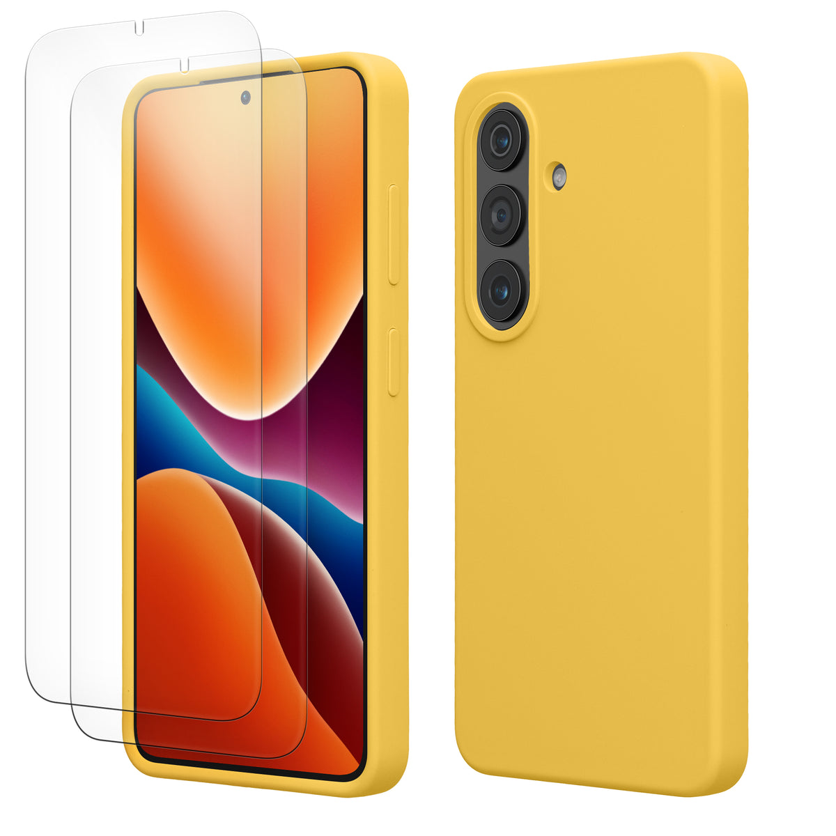 kwmobile Handyhülle mit 2x Displayschutzfolien kompatibel mit Samsung Galaxy S26 Hülle - Screen Protector aus gehärtetem Glas - kabelloses Laden - Strahlend Gelb Strahlend Gelb
