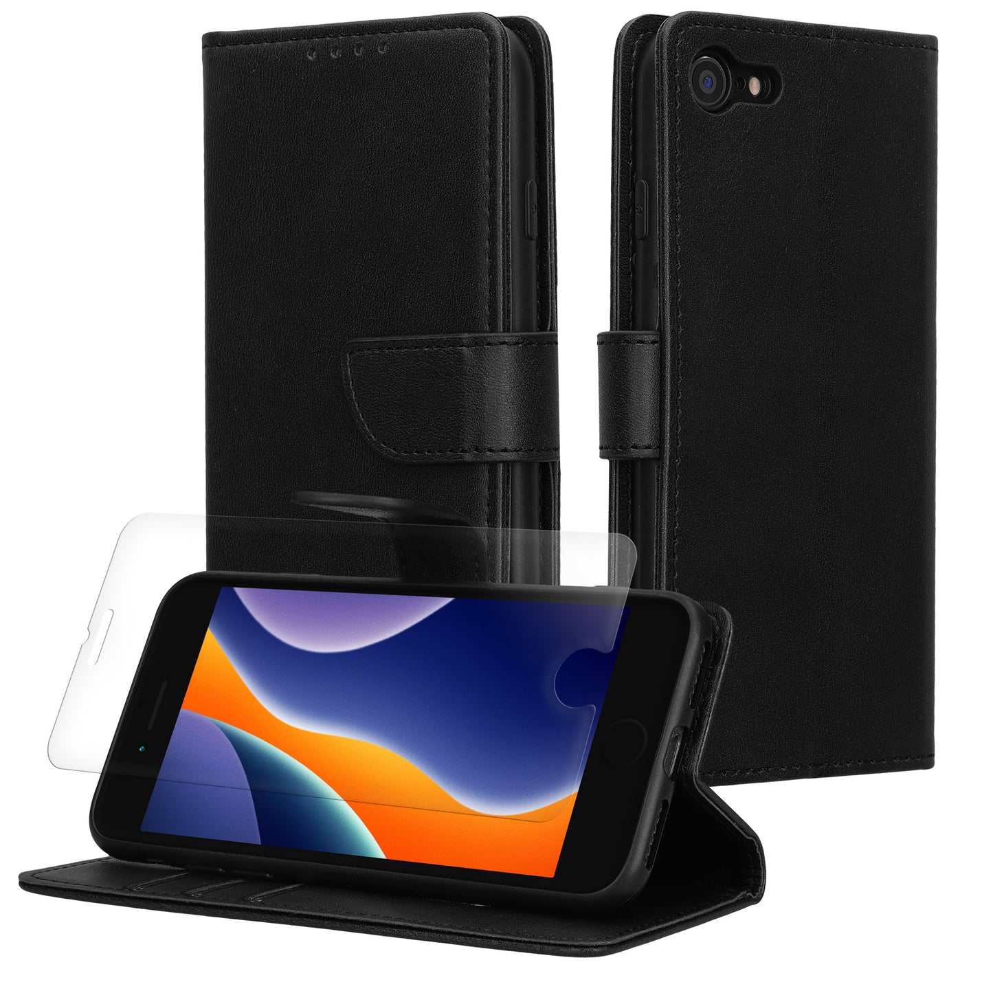 kwmobile Kunstleder Handyhülle kompatibel mit Apple iPhone SE (2022) / SE (2020) / 8 / 7 Hülle - Brieftaschen Schutzhülle aus PU-Leder mit Displayschutz und RFID-Schutz - Schwarz Schwarz  