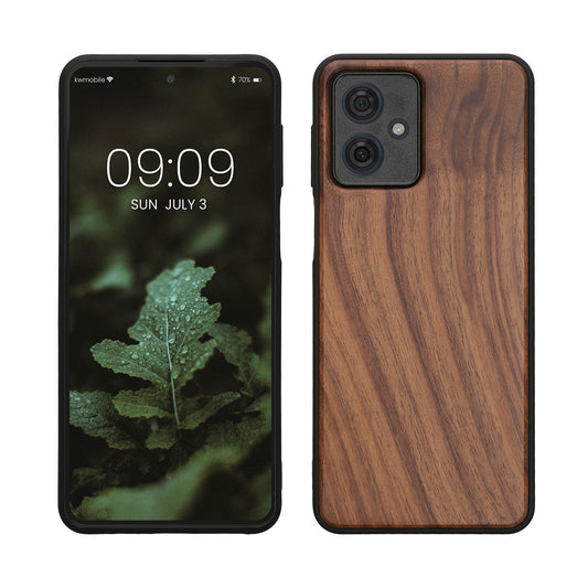 kwmobile Handyhülle für Motorola Moto G54 5G Hülle Holz - Case mit TPU Bumper - Stoßfestes Hardcase - Schutzhülle Cover in Dunkelbraun Dunkelbraun  